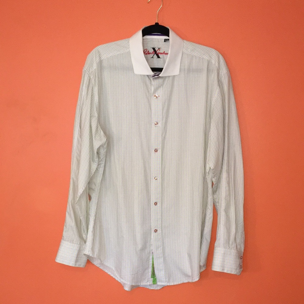 Robert Graham Classic Men's Long-Sleeve Dress Shirt White /Pastels Check Grid XL